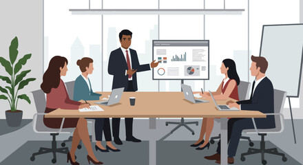 Business Meeting Presentation with Diverse Team Members and Charts