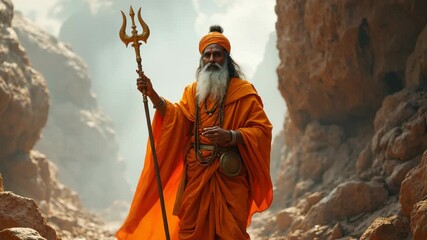 Sai Baba Indian God background. A Hindu sadhu dressed in vibrant orange robes stands in a rocky canyon, holding a trishul. Spiritual atmosphere with natural mist, symbolizing devotion and asceticism.