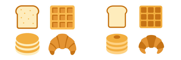 Collection of breakfast pastries and bread slices with waffles and pancakes