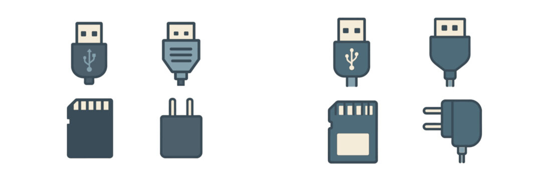 Digital storage and connection devices: USB, SD cards, power adapters