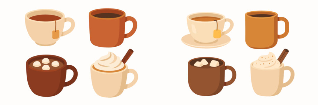 Assortment of hot drinks in different ceramic mugs and cups including tea coffee and hot chocolate with marshmallows and whipped cream