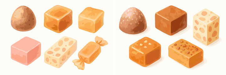 Delicious assortment of sweet confectionery candies, including caramel, nougat with nuts, and chocolate-covered treats, perfect for dessert themes and gourmet snacks