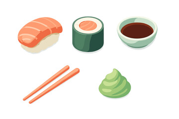 Traditional Japanese sushi meal elements including maki, nigiri, soy sauce, wasabi, and chopsticks