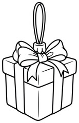 Christmas present vector illustration of a festive gift box ornament with ribbon bow and hanging loop drawn in clean black line art style for seasonal holiday decoration