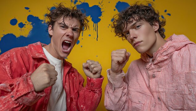 Two young men, faces contorted in anger, fists clenched, wearing dusty red and pink jackets, in front of a yellow wall with blue paint splatters
