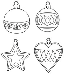 Christmas decorations vector illustration of a festive set including patterned baubles heart ornament and star design created in clean black line art style for seasonal holiday use