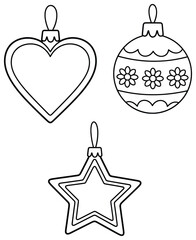 Christmas ornaments vector illustration of a festive set including a heart shape bauble star design and floral patterned ball created in clean black line art style