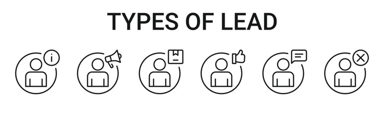 Lead icon set containing 6 types of lead base on qualification. Information, marketing, product, sales, service and no qualified lead vector icons