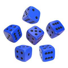 Blue photorealistic 3d cube for games. Dice icon in flight closeup isolated on white background. Vector illustration.