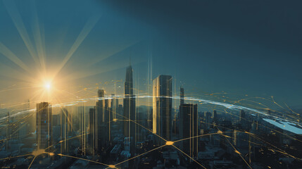 Sunshinea city of modern business and smart digital innovation with a network of interconnected rewards over the cityscape of the future smart wireless digital city and social media network