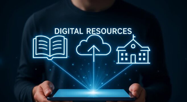Man holding tablet with glowing digital resources icons including book cloud and school representing online learning technology data storage and modern education access - Powered by Adobe