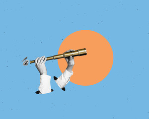 Flat design Illustration. Hands holds telescope or binoculars. Searching for information on the...