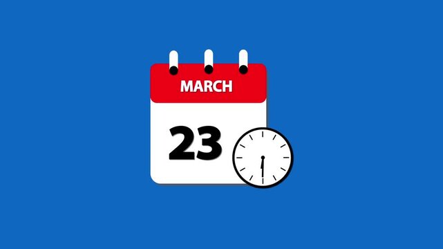 March month 23 date calendar icon  animation with clock  on transparent background. Calendar icon march 23 HD animation. march month 23 calendar date black screen.