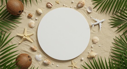 Summer vacation travel mockup blank circle seashells palm leaves airplane