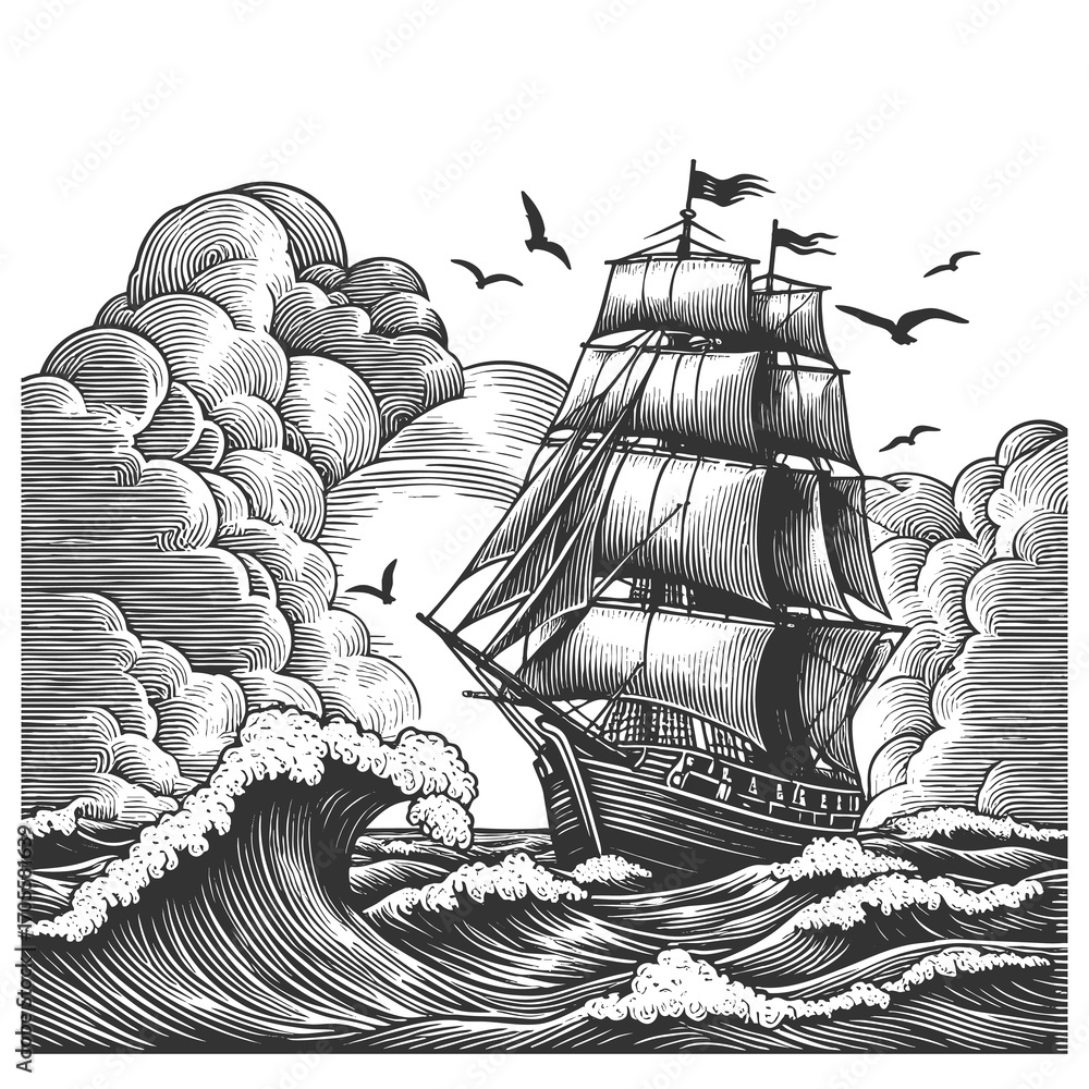 Aufkleber tall sailing ship navigating stormy waves with dramatic clouds and flying seabirds in retro style sk