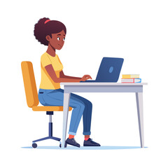 Black woman, cartoon animation character side, rear, front, sitting at workplace with laptop. Young african girl wear jeans and t-shirt freelancer, office worker or student female vector personage set