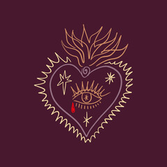Sacred Heart with Eye and Stars Boho Valentines Vector Clipart