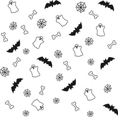 Pattern of halloween Ghosts , Bats , Bones and spider web againt White background.