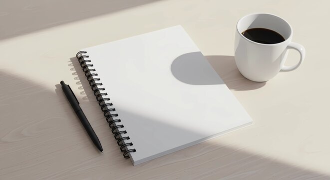 Top view of a clean minimalist workspace featuring a spiral notebook, black pen, and white coffee mug on wooden desk. Perfect for concepts of planning, productivity, study, office, business, and remot