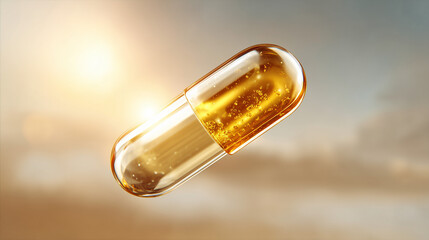 Golden transparent capsule with liquid and bubbles on bright background