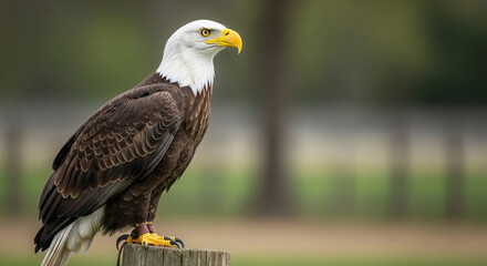 Naklejka premium Majestic bald eagle stands perched on a wooden post, its sharp gaze looking out over a blurred green landscape