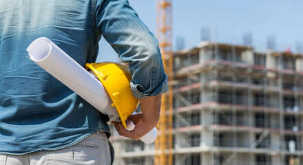 Male construction worker or architect holding a yellow hard hat and blueprints, looking at a building site on a sunny day
