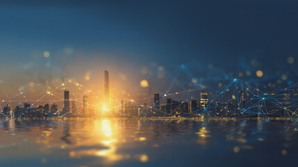 Fototapeta premium Sunshinea city of modern business and smart digital innovation with a network of interconnected rewards over the cityscape of the future smart wireless digital city and social media network