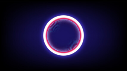 Abstract glowing neon circle with inner vibration wave pattern in red and blue tones on a dark background