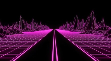 A glowing neon purple wireframe grid road stretches into the distance with