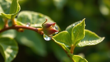Close-up of fresh tea leaves with morning dew in soft natural light, botanical setting.