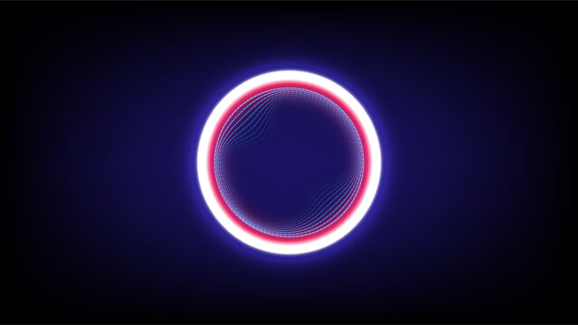 Abstract glowing neon circle with inner vibration wave pattern in red and blue tones on a dark background