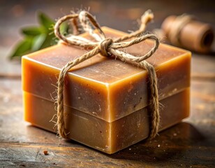 A stack of tied handmade soap bars, featuring warm tones and rustic details, sits on a wooden surface.