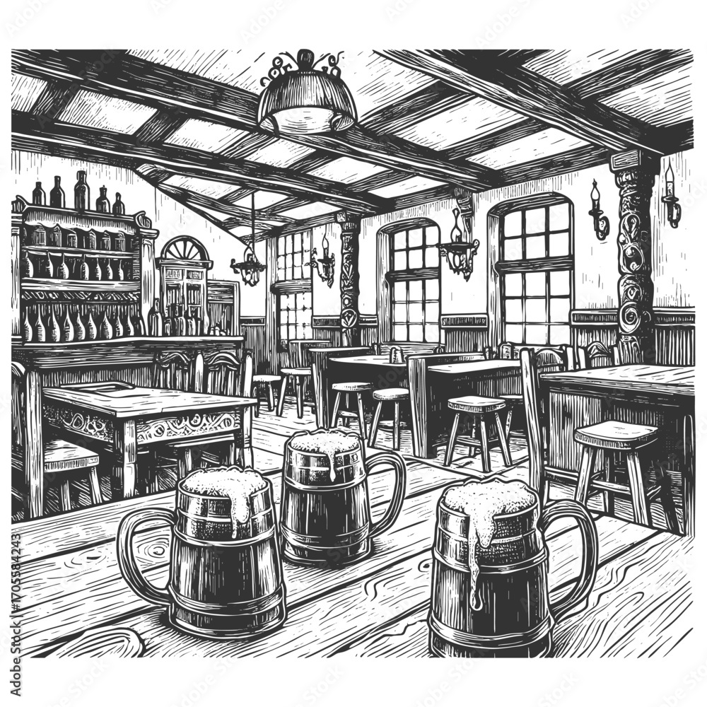 Poster old tavern with wooden tables, stools, and frothy beer mugs, capturing a rustic and medieval pub atm