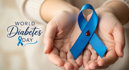 Hands holding a blue ribbon with a red drop symbol for world diabetes day, with text world diabetes day and a small blue ribbon