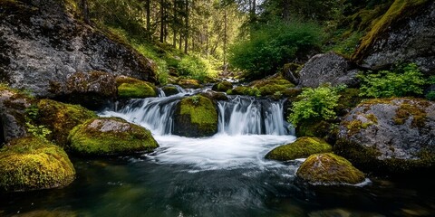 Scenic Mountain Stream Cascading Over Smooth Moss-Covered Rocks Beneath Bright Sunlight in Nature