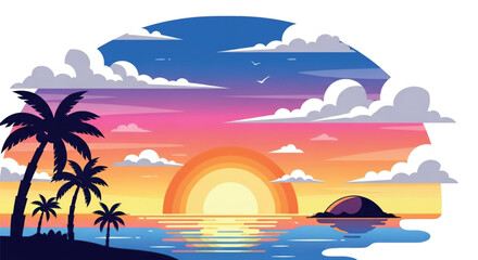 Tropical Sunset Over Ocean With Palm Trees.