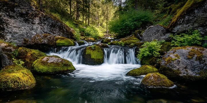 Scenic Mountain Stream Cascading Over Smooth Moss-Covered Rocks Beneath Bright Sunlight in Nature
