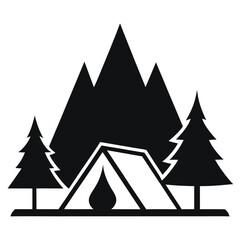 Obraz premium Black Silhouette Icon of a Tent with Mountains and Pine Trees for Camping peak
