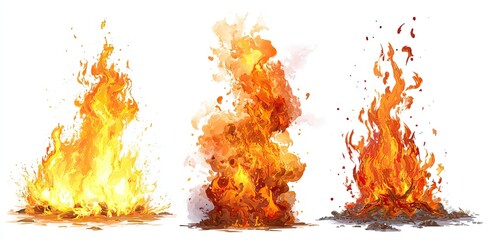 Three illustrations of stylized campfire flames against a white background.  