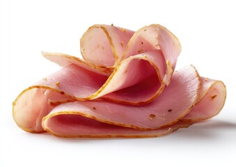 A close-up of several slices of cured ham.  The slices are curled and slightly overlapping, showcasing a light pink color with subtle seasoning