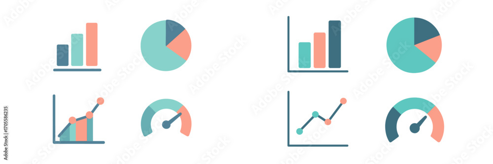 Poster collection of modern business data analytics charts, financial report graphs, and performance indica