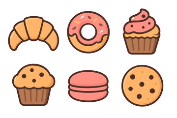 Delicious assortment of sweet baked goods, including croissants, donuts, cupcakes, muffins, macarons, and cookies, perfect for a bakery or cafe menu