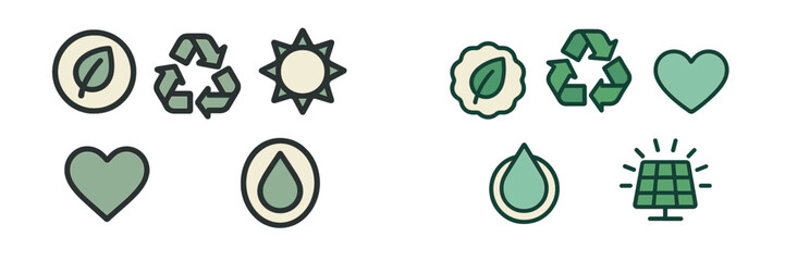 Ecology and sustainability icons set with leaf, recycle, sun, heart, water drop, and solar panel symbols