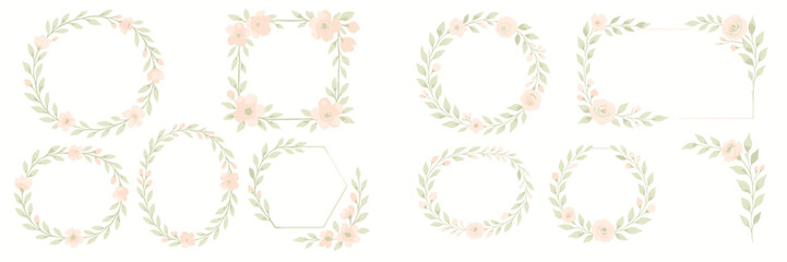 Collection of delicate floral wreaths and frames with soft peach blossoms and green leaves