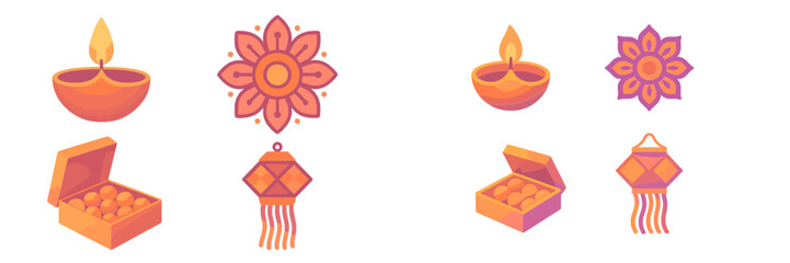 Diwali festival symbols with diya lamps, sweets, and lanterns