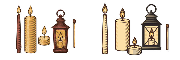 Lit candles and lanterns with matches, vintage etched style