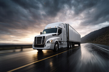 White Semi-Truck Driving on Wet Road at Sunset with Dramatic Sky