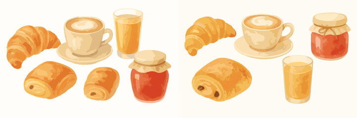 Flaky croissants, coffee, juice, and jam for a delightful breakfast spread