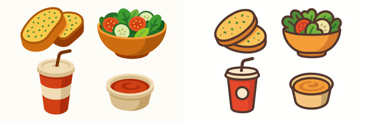 A vibrant collection of flat design elements depicting garlic bread, a fresh green salad, and various refreshing beverages with dipping sauce