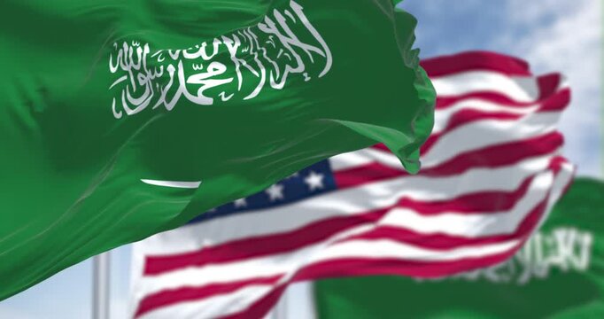 Saudi Arabian and American flags waving together in sky, 3D render